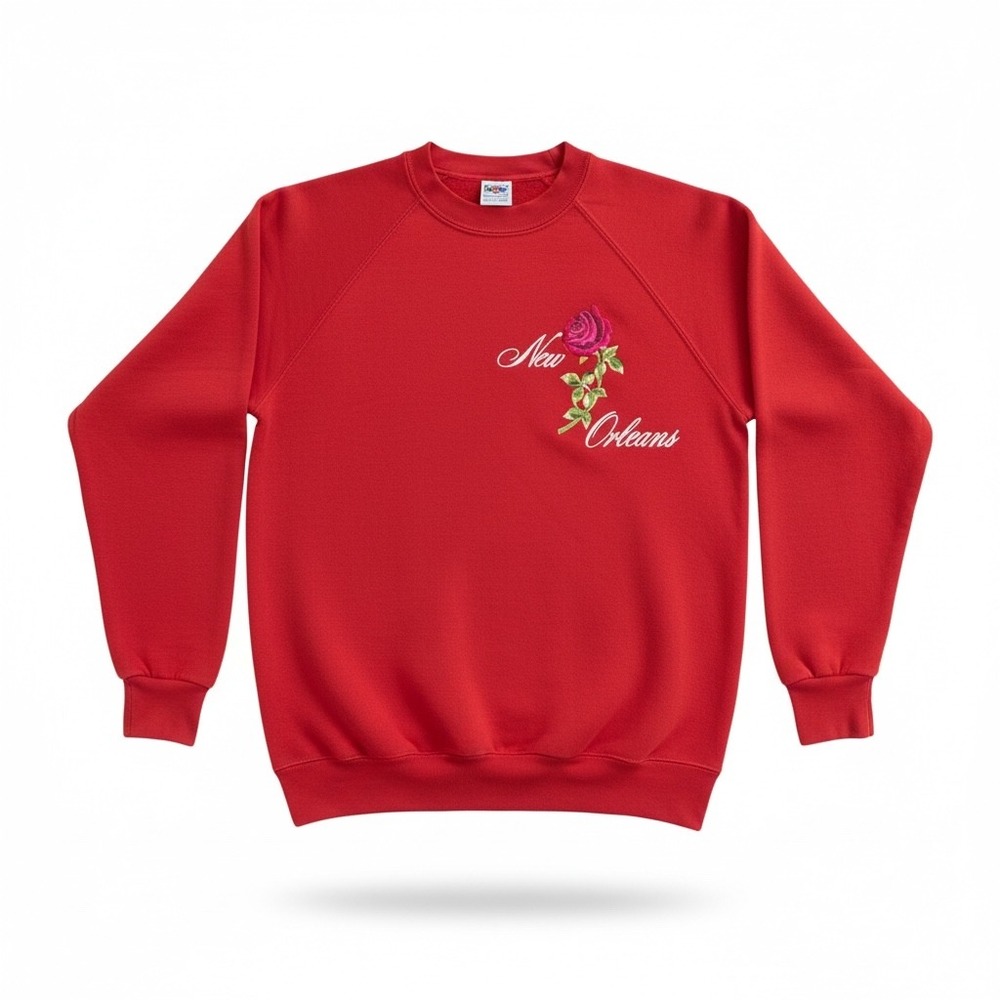 Vintage Fruit of the Loom New Orleans Rose Embroidered Sweatshirt Red XL USA